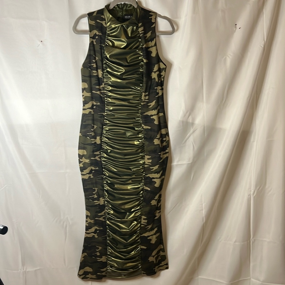 Long camel dress with rushing down the front of the dress